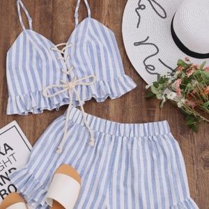 Blue & White Striped Ruffle Boho Nautical Two Piece SHEIN Set